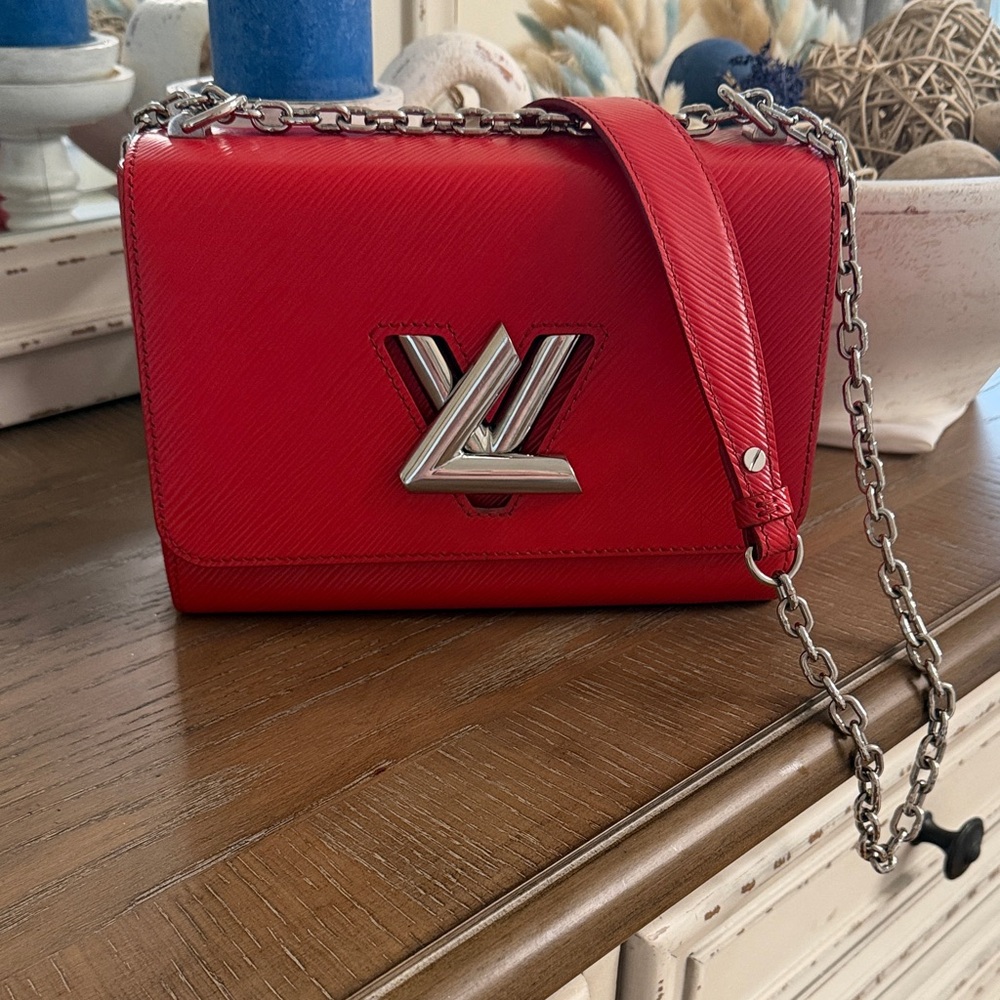 Louis Vuitton Twist MM Red Epi Leather Chain Crossbody Bag with Silver Hardware